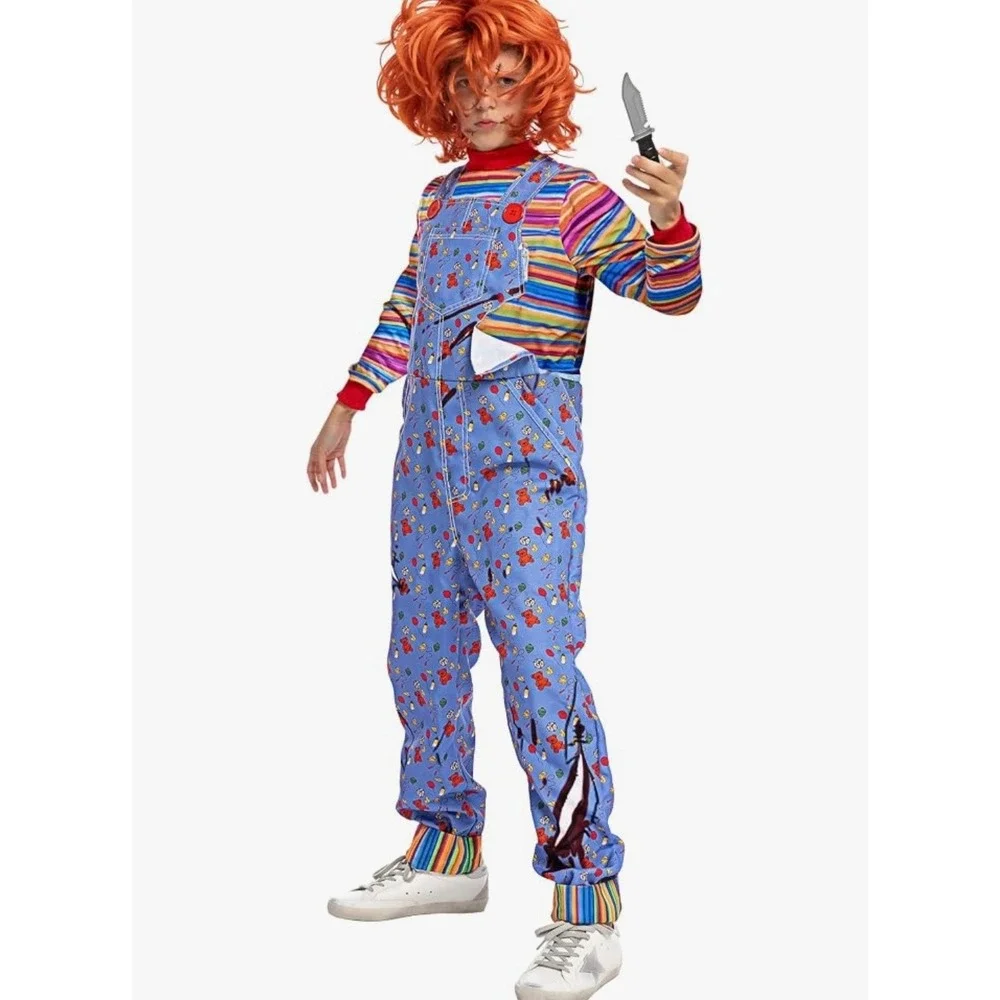 Spooktacular Creations Maniac Costume Kids M 8-10 Blue New Jumpsuit Wig Knife